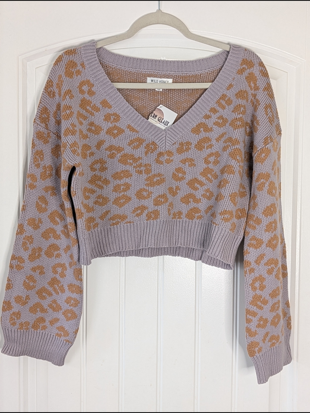 Wild Honey Lilac Purple and Gold/Mustard Animal Print Leopard Cropped Sweater